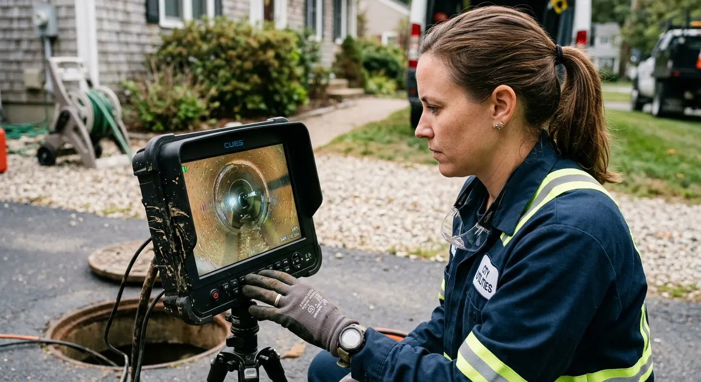 Technician reviewing sewer camera inspection footage in Closter