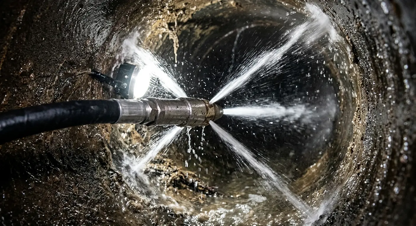 High-pressure hydro jetting nozzle cleaning sewer pipe for Sewer Line Relining in Closter